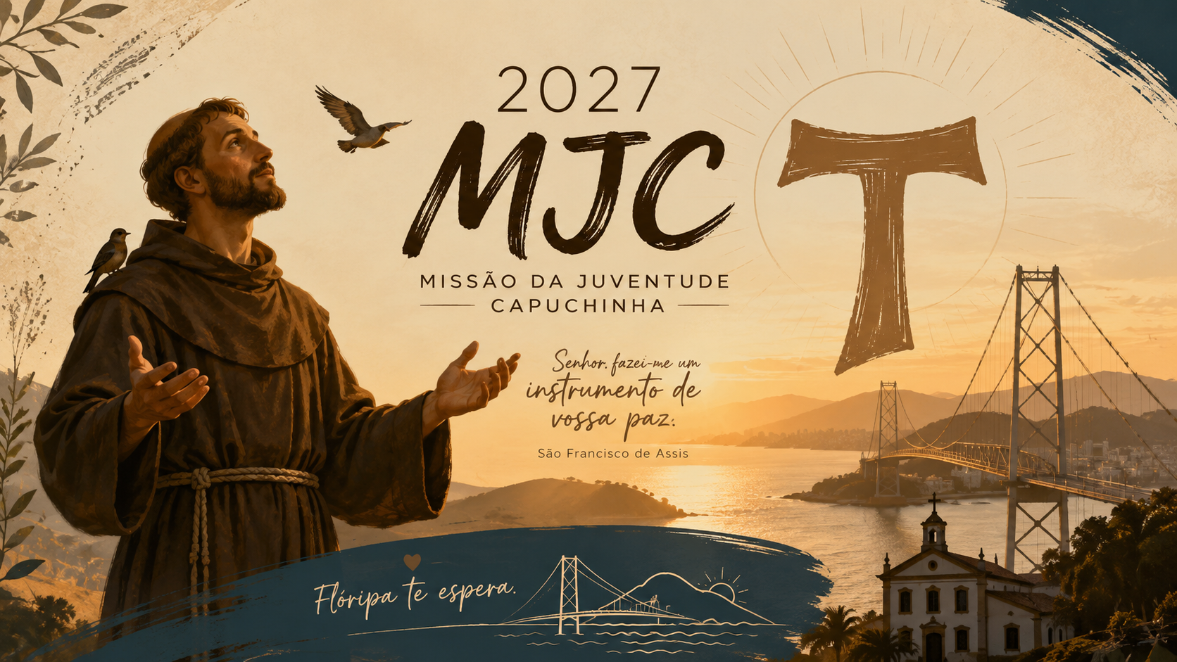 MJC Florianópolis 2027 — Missão da Juventude Capuchinha. São Francisco de Assis em oração: Senhor, fazei-me um instrumento de vossa paz. Flóripa te espera.